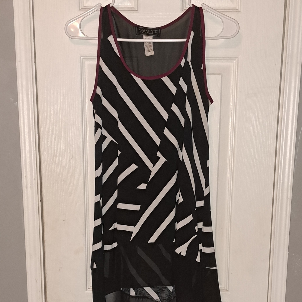 Long tank by Mandee. Size small. White and black design with sheer bottom.